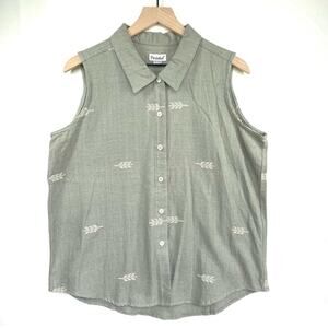 PICANTE Collared Tank Top Sage Green Size L Woven Embroidered Button Down Boho